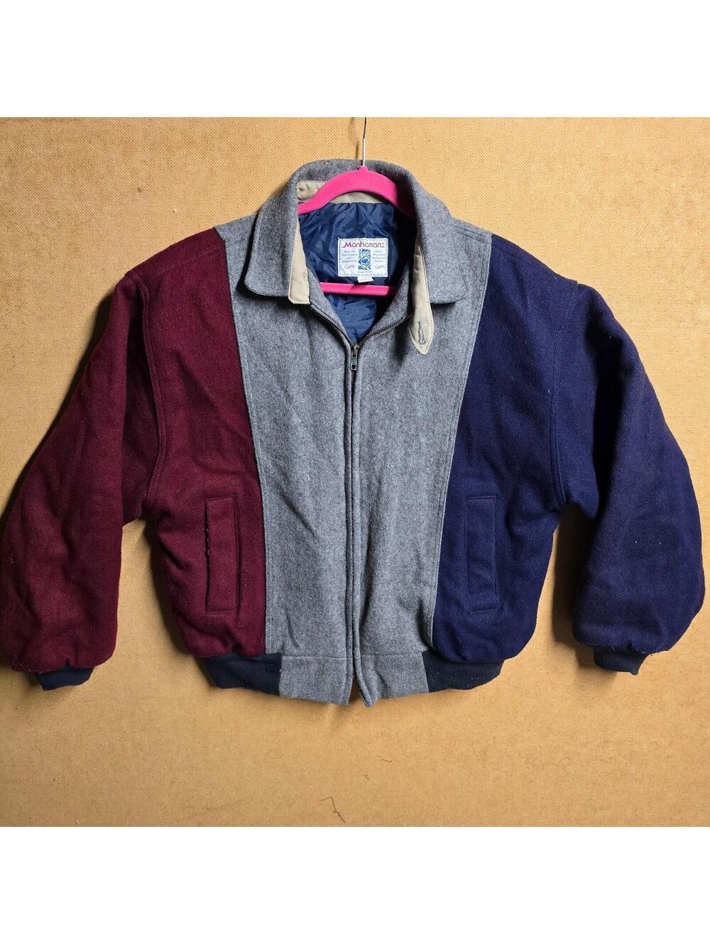 Vintage Manhattan Wool Bomber Jacket Men's XL Colorblock Coat 80s USA - Picture 1 of 9